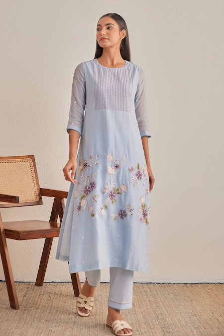 Khamaj India Tulip Chanderi Embroidered Kurta & Pant Set 