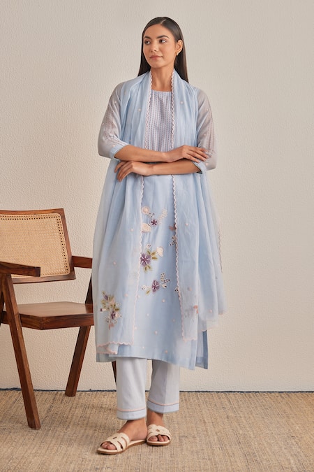 Khamaj India_Blue Chanderi, Cotton Embroidery, Applique Round Neck, Tulip Kurta And Pant Set _at_Aza_Fashions