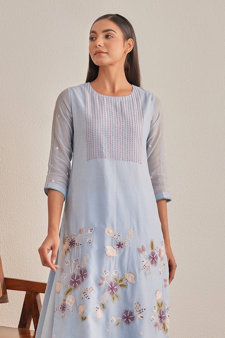 Khamaj India_Blue Chanderi, Cotton Embroidery, Applique Round Neck Tulip Floral Kurta Set _Online_at_Aza_Fashions