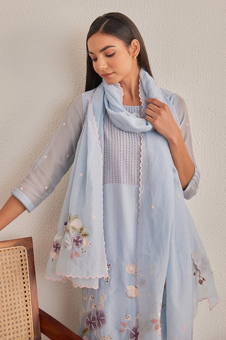 Shop_Khamaj India_Blue Chanderi, Cotton Embroidery, Applique Round Neck Tulip Floral Kurta Set _Online_at_Aza_Fashions