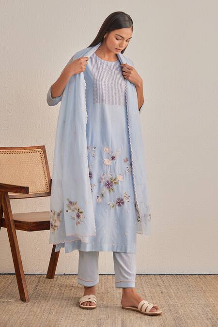 Buy_Khamaj India_Blue Chanderi, Cotton Embroidery, Applique Round Neck Tulip Floral Kurta Set 