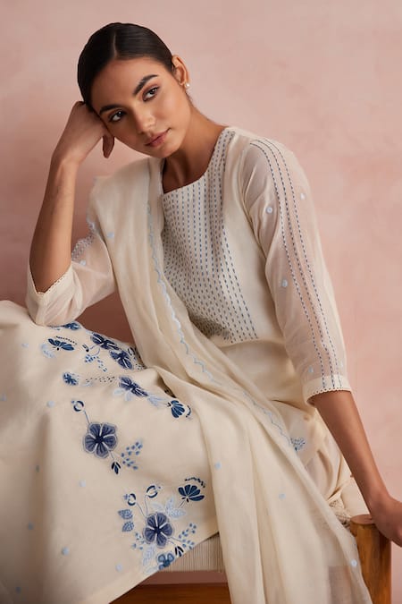 Shop_Khamaj India_Cream Chanderi, Cotton Embroidery, Applique Round Tulip Floral Kurta Andpant Set _Online_at_Aza_Fashions