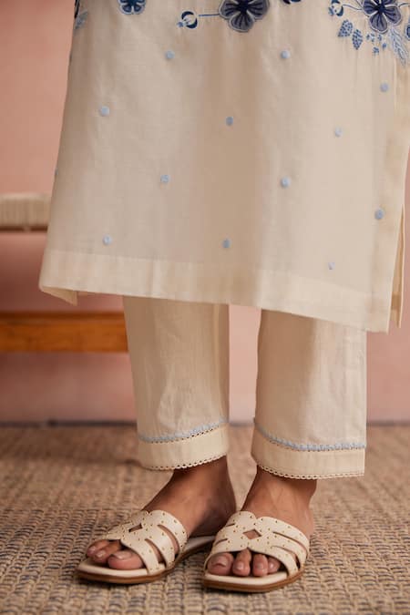 Khamaj India_Cream Chanderi, Cotton Embroidery, Applique Round Neck Tulip Hand Kurta Set _Online_at_Aza_Fashions