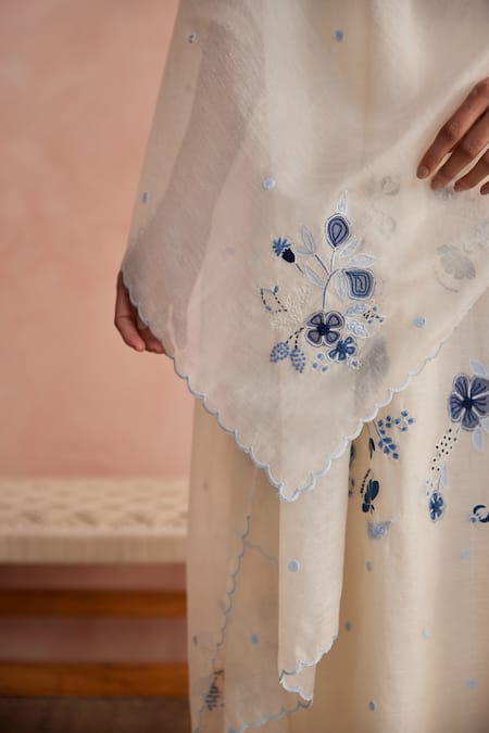 Buy_Khamaj India_Cream Chanderi, Cotton Embroidery, Applique Round Neck Tulip Hand Kurta Set _Online_at_Aza_Fashions