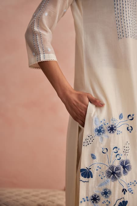 Shop_Khamaj India_Cream Chanderi, Cotton Embroidery, Applique Round Neck Tulip Hand Kurta Set _Online_at_Aza_Fashions