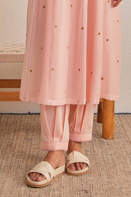 Khamaj India_Pink Chanderi, Cotton Embroidery, Foil Printing Jade Geometric Kurta And Pant Set _Online_at_Aza_Fashions