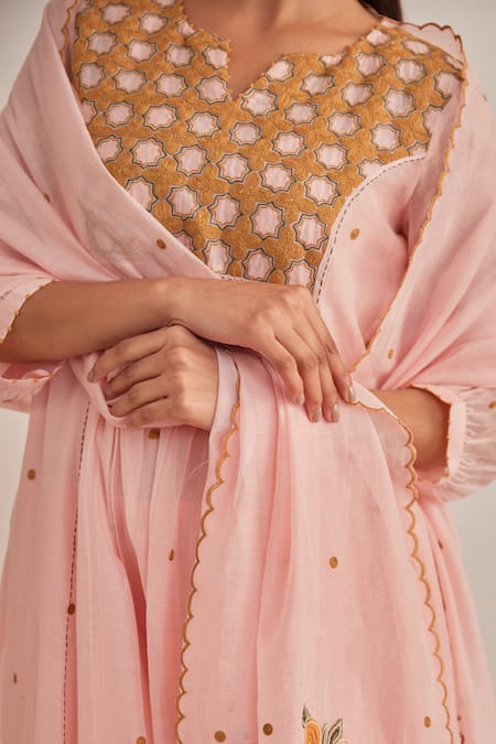 Shop_Khamaj India_Pink Chanderi, Cotton Embroidery, Piping V-neck Jade Hand Kurta Set _Online_at_Aza_Fashions