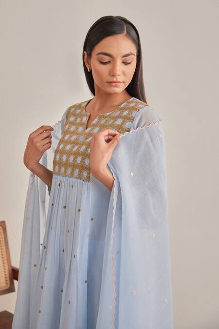 Khamaj India_Blue Chanderi, Cotton Embroidery, Metallic Thread Split Jade Kurta And Pant Set _Online_at_Aza_Fashions