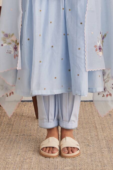 Buy_Khamaj India_Blue Chanderi, Cotton Embroidery, Metallic Thread Split Jade Kurta And Pant Set _Online_at_Aza_Fashions