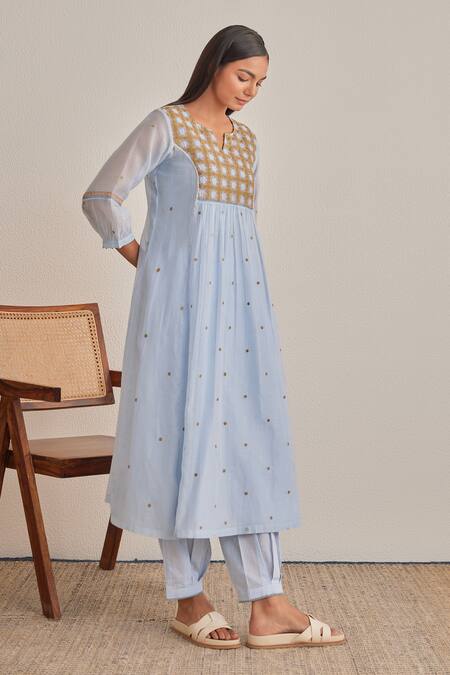 Buy_Khamaj India_Blue Chanderi, Cotton Embroidery, Metallic Thread Split Jade Kurta And Pant Set 