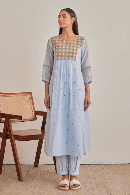 Khamaj India_Blue Chanderi, Cotton Embroidery, Sequins Split V-neck Jade Hand Kurta Set _Online_at_Aza_Fashions