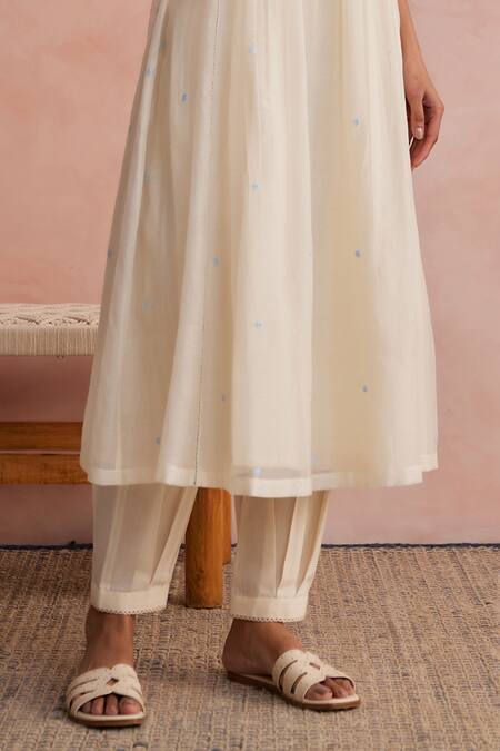 Khamaj India_Cream Chanderi, Cotton Embroidery Split V-neck Jade Kurta And Pant Set _Online_at_Aza_Fashions