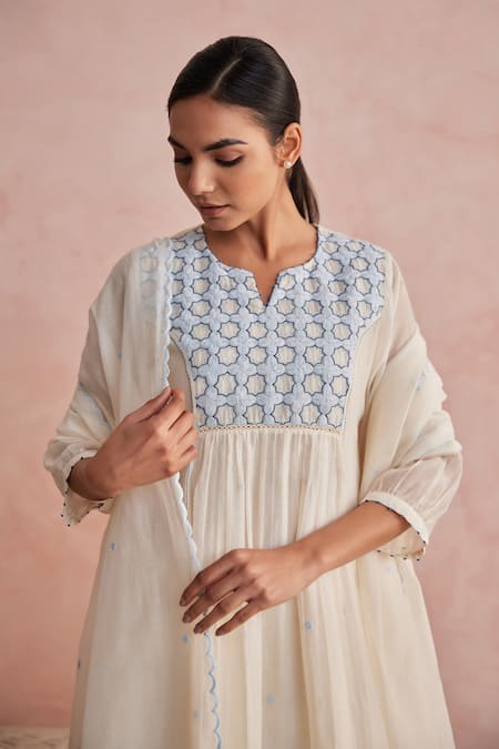 Shop_Khamaj India_Cream Chanderi, Cotton Embroidery Split V-neck Jade Kurta And Pant Set _Online_at_Aza_Fashions