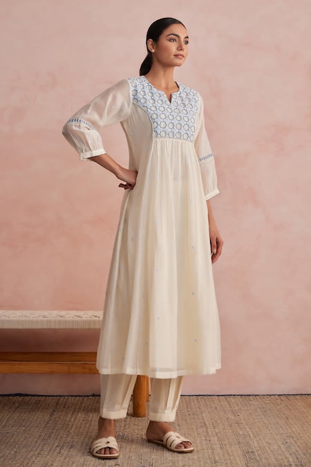 Buy_Khamaj India_Cream Chanderi, Cotton Embroidery Split V-neck Jade Kurta And Pant Set 