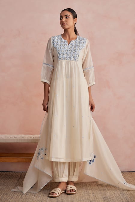 Shop_Khamaj India_Cream Chanderi, Cotton Embroidery Split V-neck Jade Hand Kurta Set _Online_at_Aza_Fashions