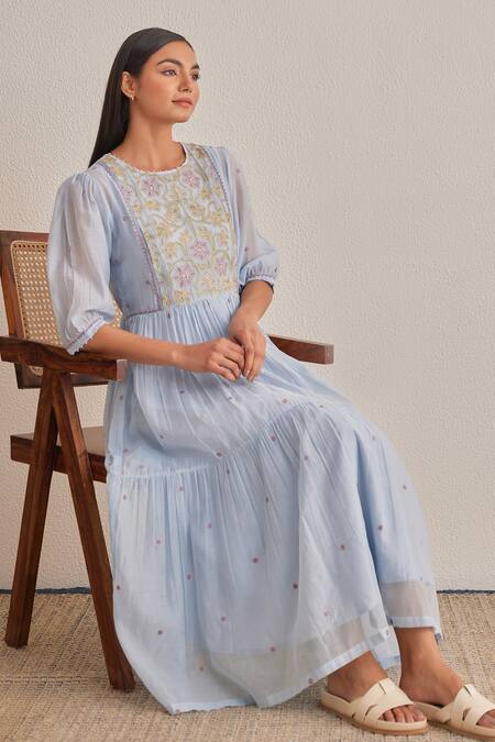 Shop_Khamaj India_Blue Chanderi Embroidery, Applique Round Neck Faye Dress _Online_at_Aza_Fashions