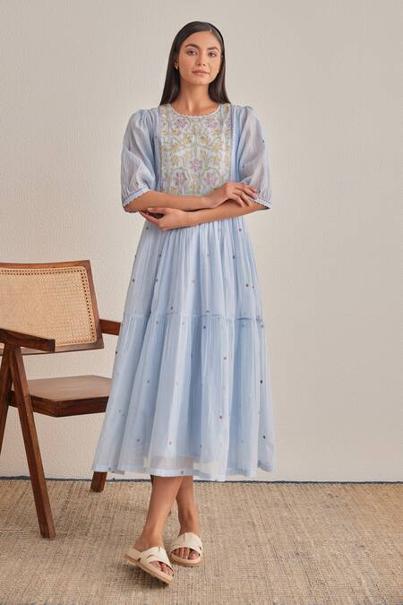 Khamaj India_Blue Chanderi Embroidery, Applique Round Neck Faye Dress _at_Aza_Fashions