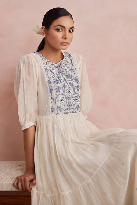 Khamaj India_Cream Chanderi Embroidery, Applique Round Neck Faye Hand Dress _Online_at_Aza_Fashions
