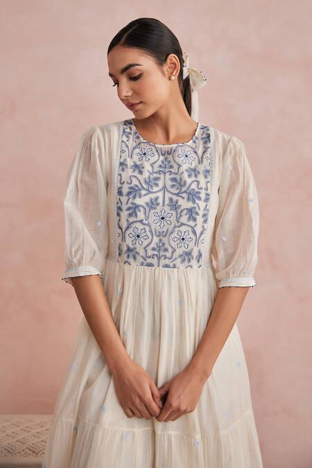 Khamaj India_Cream Chanderi Embroidery, Applique Round Neck Faye Hand Dress _at_Aza_Fashions