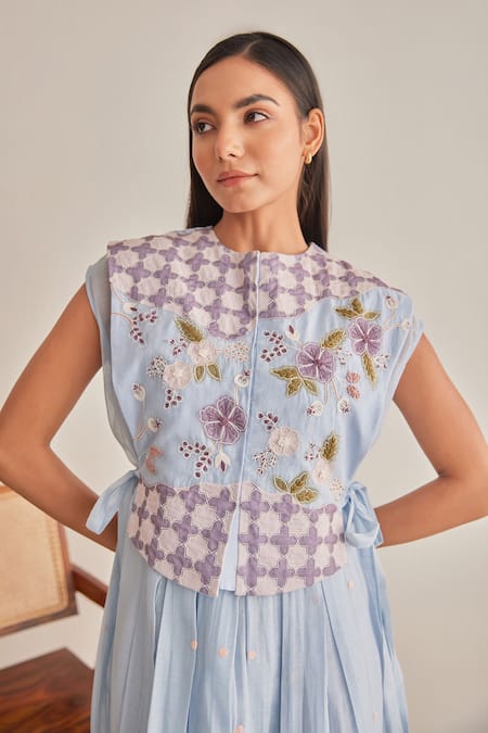 Khamaj India_Blue Chanderi, Cotton Embroidery, Applique Round Neck Scarlett Floral Dress _Online_at_Aza_Fashions