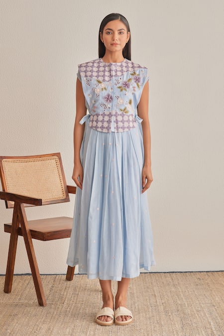 Buy_Khamaj India_Blue Chanderi, Cotton Embroidery, Applique Round Neck Scarlett Floral Dress _Online_at_Aza_Fashions