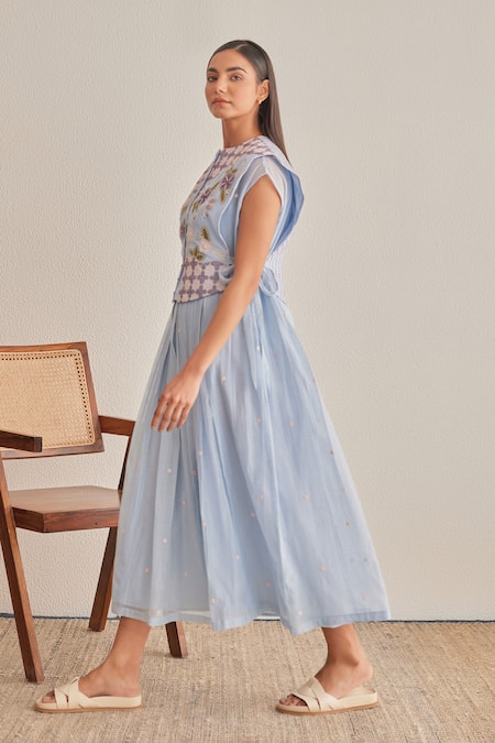 Shop_Khamaj India_Blue Chanderi, Cotton Embroidery, Applique Round Neck Scarlett Floral Dress _Online_at_Aza_Fashions