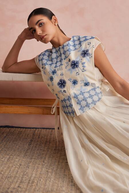 Shop_Khamaj India_Cream Chanderi Embroidery, Applique Round Neck Scarlett Hand Dress _Online_at_Aza_Fashions