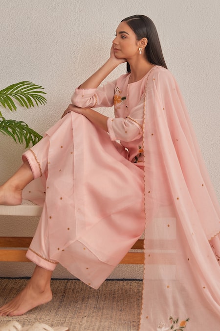 Khamaj India_Pink Chanderi Embroidery, Applique, Beads Hand Dupatta _Online_at_Aza_Fashions