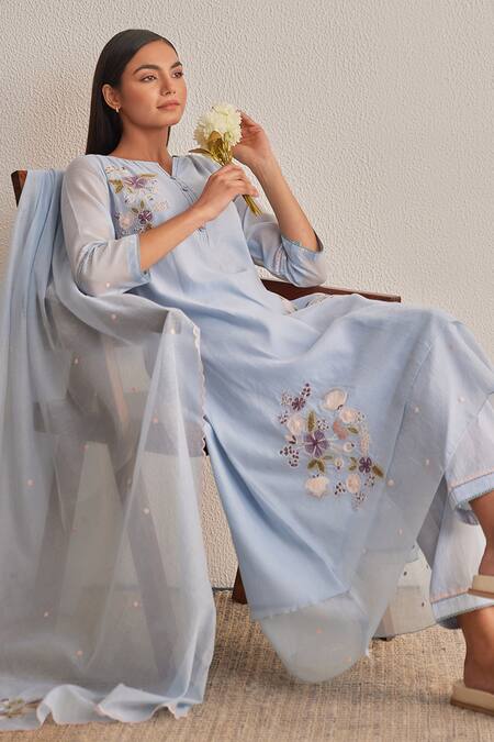 Khamaj India_Sky Blue Chanderi Embroidery, Applique Hand Dupatta _Online_at_Aza_Fashions