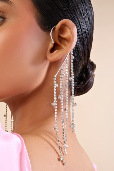Buy_Mnsh_Silver Plated Crystals, Stones Noir Dangler Ear Cuffs  _Online_at_Aza_Fashions
