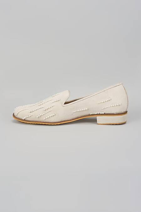 Rng Safawala_White Pearl Embroidered Loafers _Online_at_Aza_Fashions
