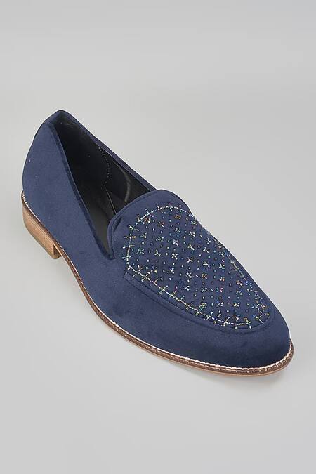 Rng Safawala Navy Blue Embroidered Loafers 