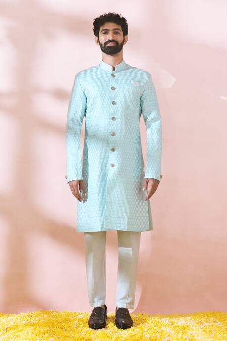 Buy_Arihant Rai Sinha_Green Cotton, Silk, Polyester, Viscose Geometric Thread Sherwani And Pant Set _Online_at_Aza_Fashions