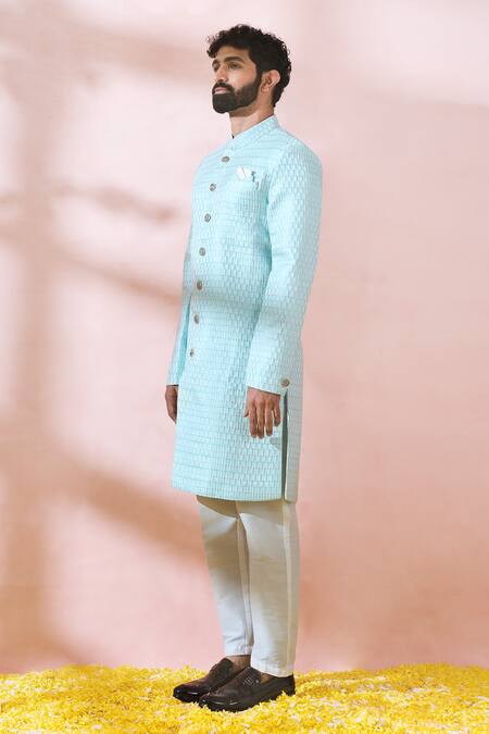 Shop_Arihant Rai Sinha_Green Cotton, Silk, Polyester, Viscose Geometric Thread Sherwani And Pant Set _Online_at_Aza_Fashions