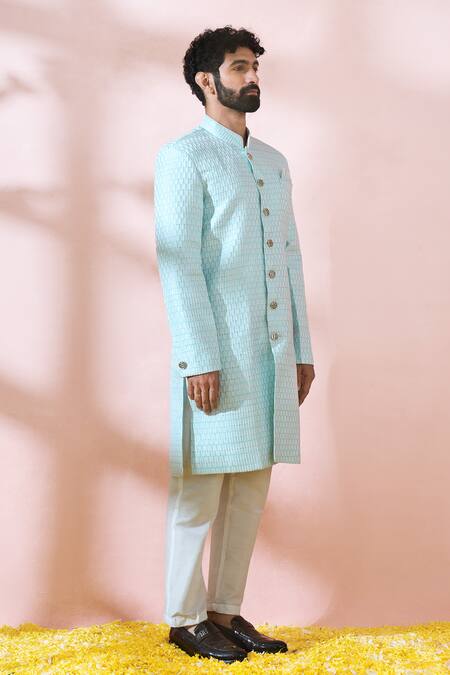 Arihant Rai Sinha_Green Cotton, Silk, Polyester, Viscose Geometric Thread Sherwani And Pant Set _at_Aza_Fashions