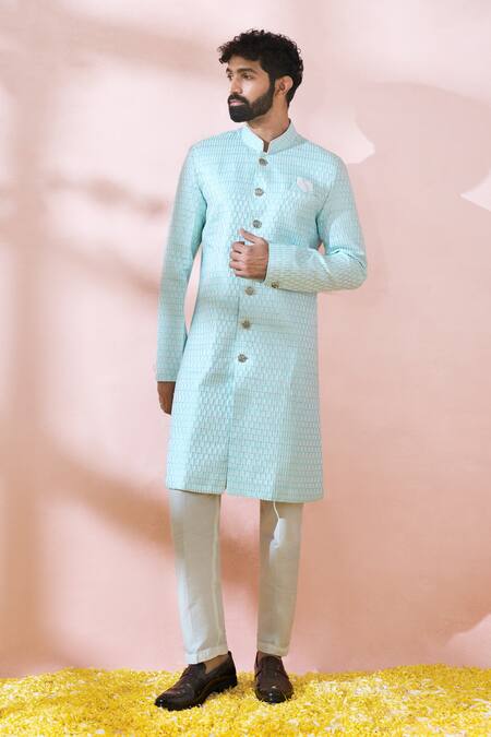 Buy_Arihant Rai Sinha_Green Cotton, Silk, Polyester, Viscose Geometric Thread Sherwani And Pant Set 