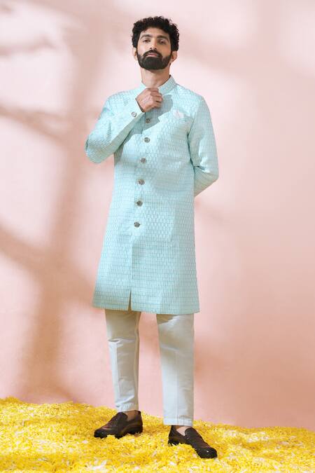 Shop_Arihant Rai Sinha_Green Cotton, Silk, Polyester, Viscose Geometric Thread Sherwani And Pant Set 