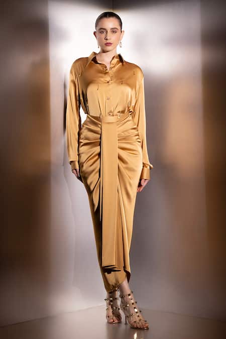 Label Muslin Aurelia Satin Shirt & Front Pleat Skirt Set 