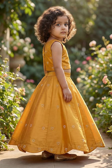 Buy_Maaikid_Yellow Taffeta, Silk Pearls, Embroidery Heart Top And Skirt Set _Online_at_Aza_Fashions
