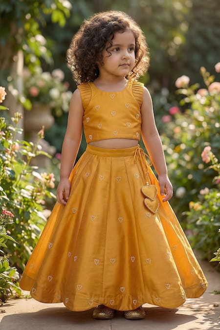 Shop_Maaikid_Yellow Taffeta, Silk Pearls, Embroidery Heart Top And Skirt Set _Online_at_Aza_Fashions