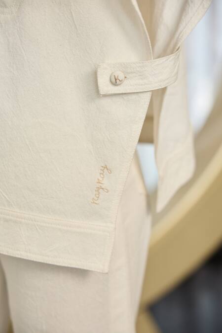 Buy_Kay Kay_White Twill, Denim Embroidery, Beads Collared, Lestor Shirt And Pant Co-ord Set 