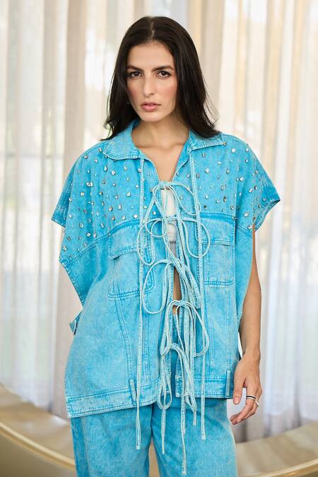 Shop_Kay Kay_Blue Twill, Denim Stones Collared, V-neck Lina Embroidered Shirt And Pant Set _Online_at_Aza_Fashions