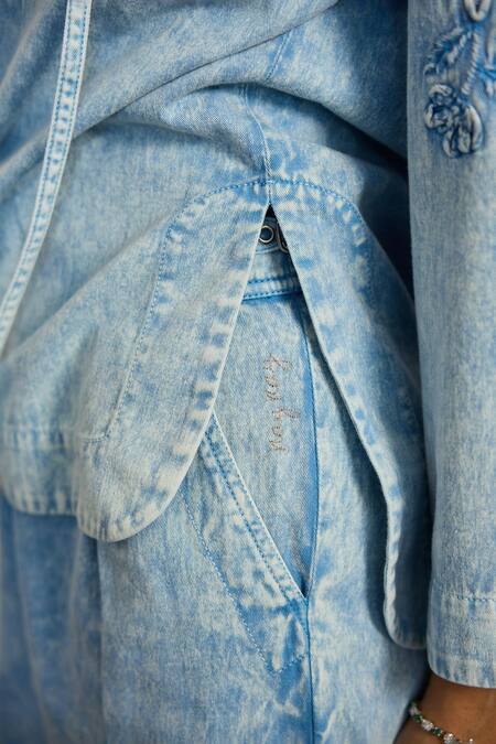 Shop_Kay Kay_Blue Denim, Twill Embroidery V-neck Kay Floral Motif Shirt And Pant Set _Online_at_Aza_Fashions