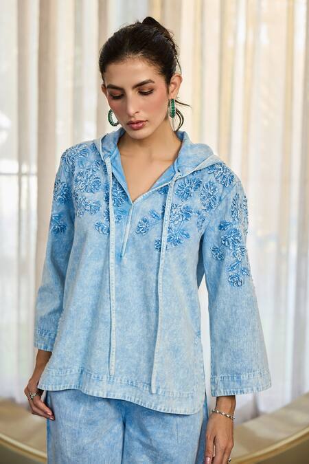 Kay Kay_Blue Denim, Twill Embroidery V-neck Kay Floral Motif Shirt And Pant Set _at_Aza_Fashions