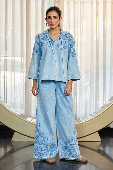 Buy_Kay Kay_Blue Denim, Twill Embroidery V-neck Kay Floral Motif Shirt And Pant Set 