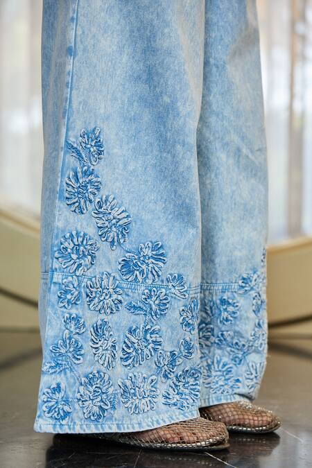 Shop_Kay Kay_Blue Denim, Twill Embroidery V-neck Kay Floral Motif Shirt And Pant Set 