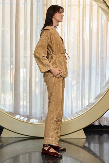 Buy_Kay Kay_Brown Twill, Denim Embroidery V-neck Maury Placement Shirt And Pant Set _Online_at_Aza_Fashions
