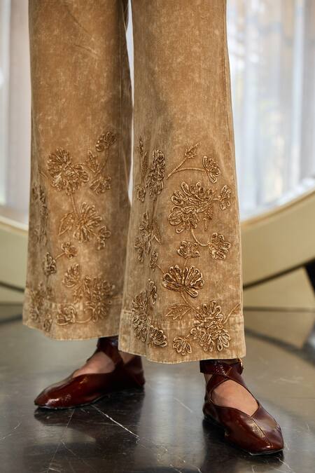 Kay Kay_Brown Twill, Denim Embroidery V-neck Maury Placement Shirt And Pant Set _at_Aza_Fashions