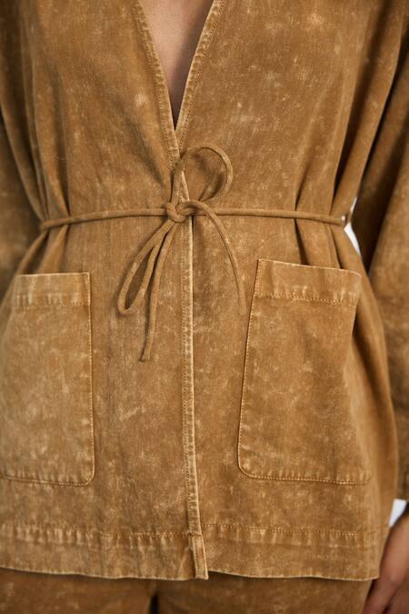 Shop_Kay Kay_Brown Twill, Denim Embroidery V-neck Maury Placement Shirt And Pant Set 