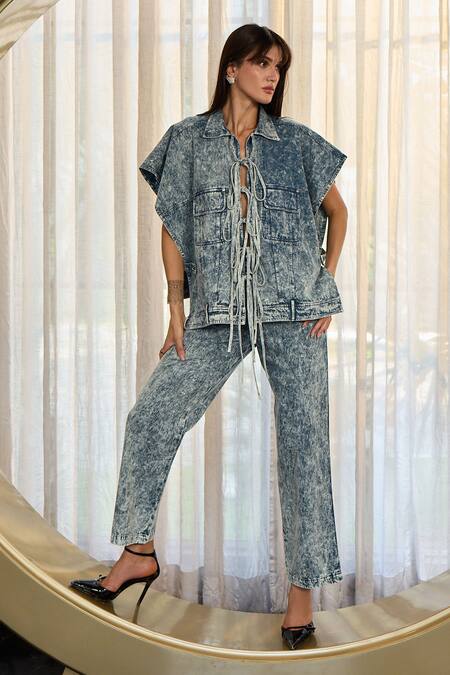 Buy_Kay Kay_Blue Denim, Twill Collared, V-neck Youyou Dye Shirt And Pant Set _Online_at_Aza_Fashions